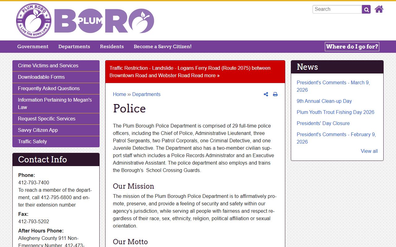 Plum Police Department public records and residents directory