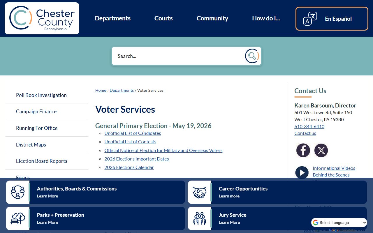 Chester County residents directory Board of Elections page