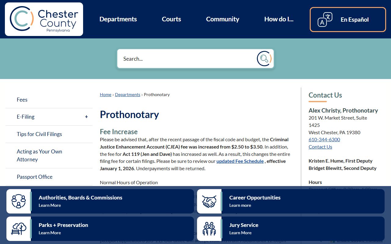 Chester County residents directory Prothonotary office page