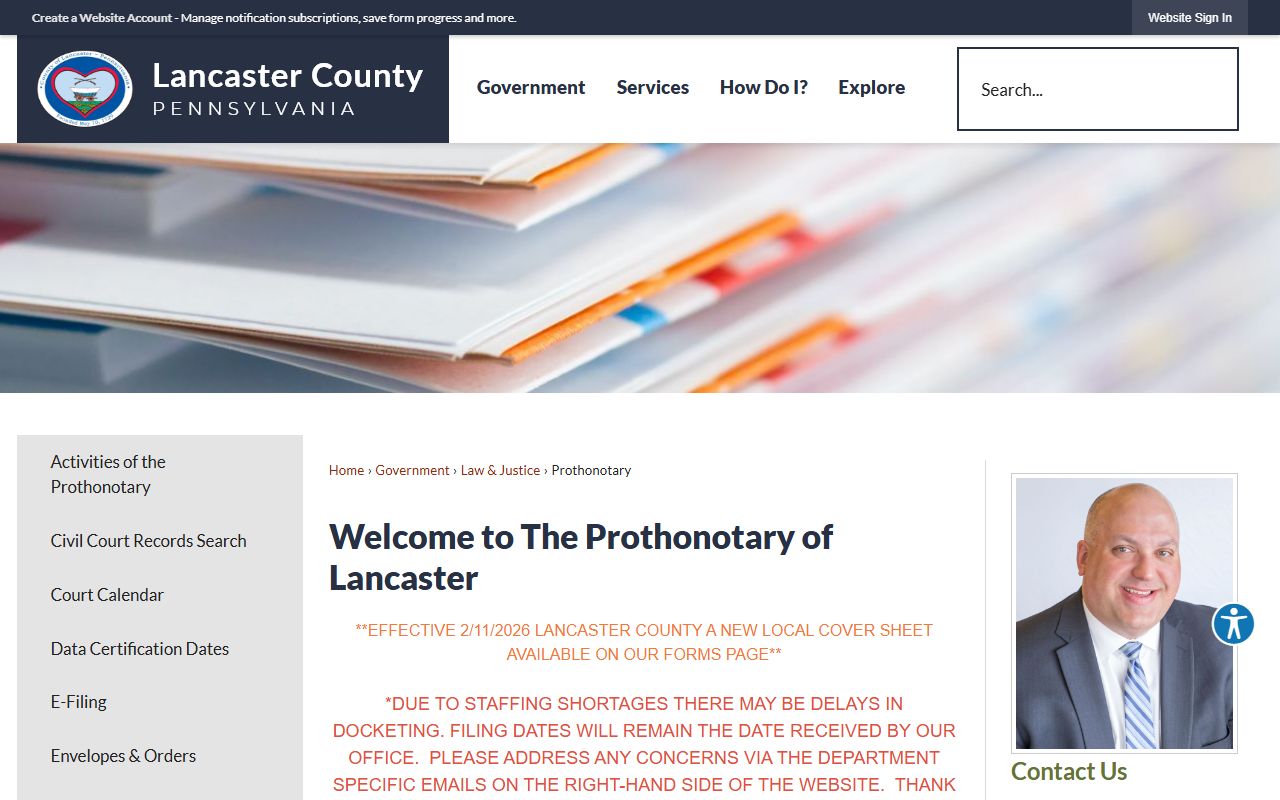 Lancaster County residents directory Prothonotary office page