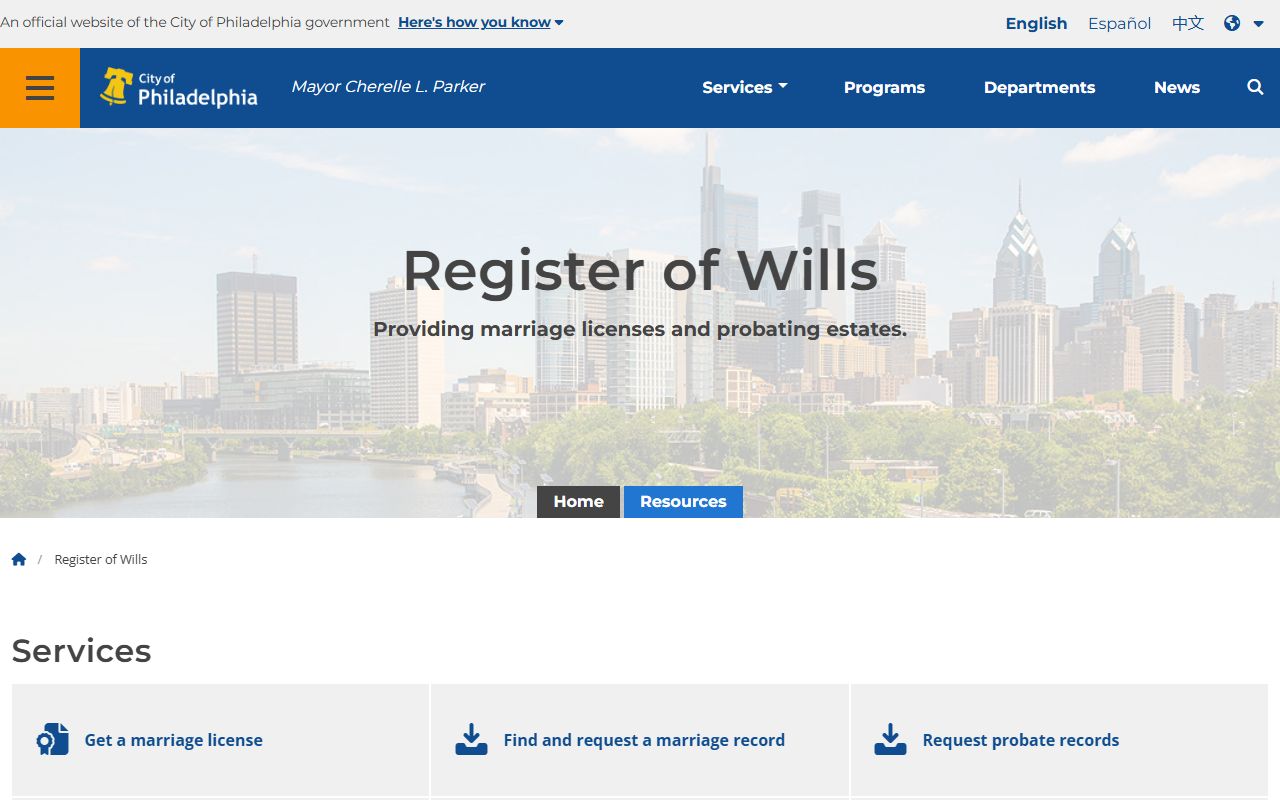 Philadelphia County residents directory Register of Wills page