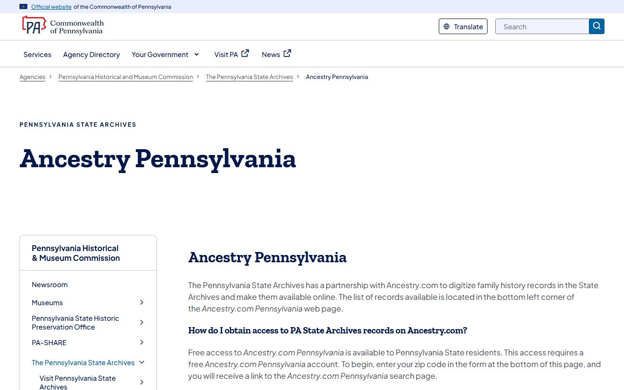 Ancestry PA portal for Pennsylvania residents directory vital records